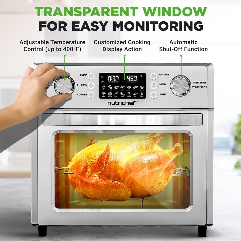 NutriChef 26L Electric Air Fryer Oven, 1700W Countertop Rotisserie & 360° Air Fryer with 10 Presets, Drip Tray, Fry Basket & Bake Rack, 15x16x14, Stainless Steel