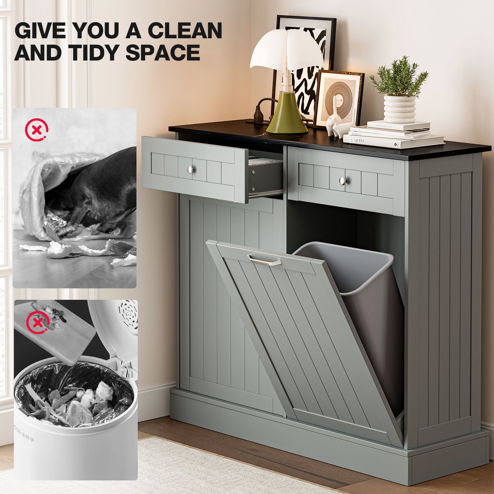 Double Tilt Out Trash Cabinet with Charging Station, Upgrade Wooden Free Standing Trash Cabinet with Outlet, Recycling Cabinet with Hideaway Drawer, 20 Gallon Tilt Out Trash Cabinet(Grey)