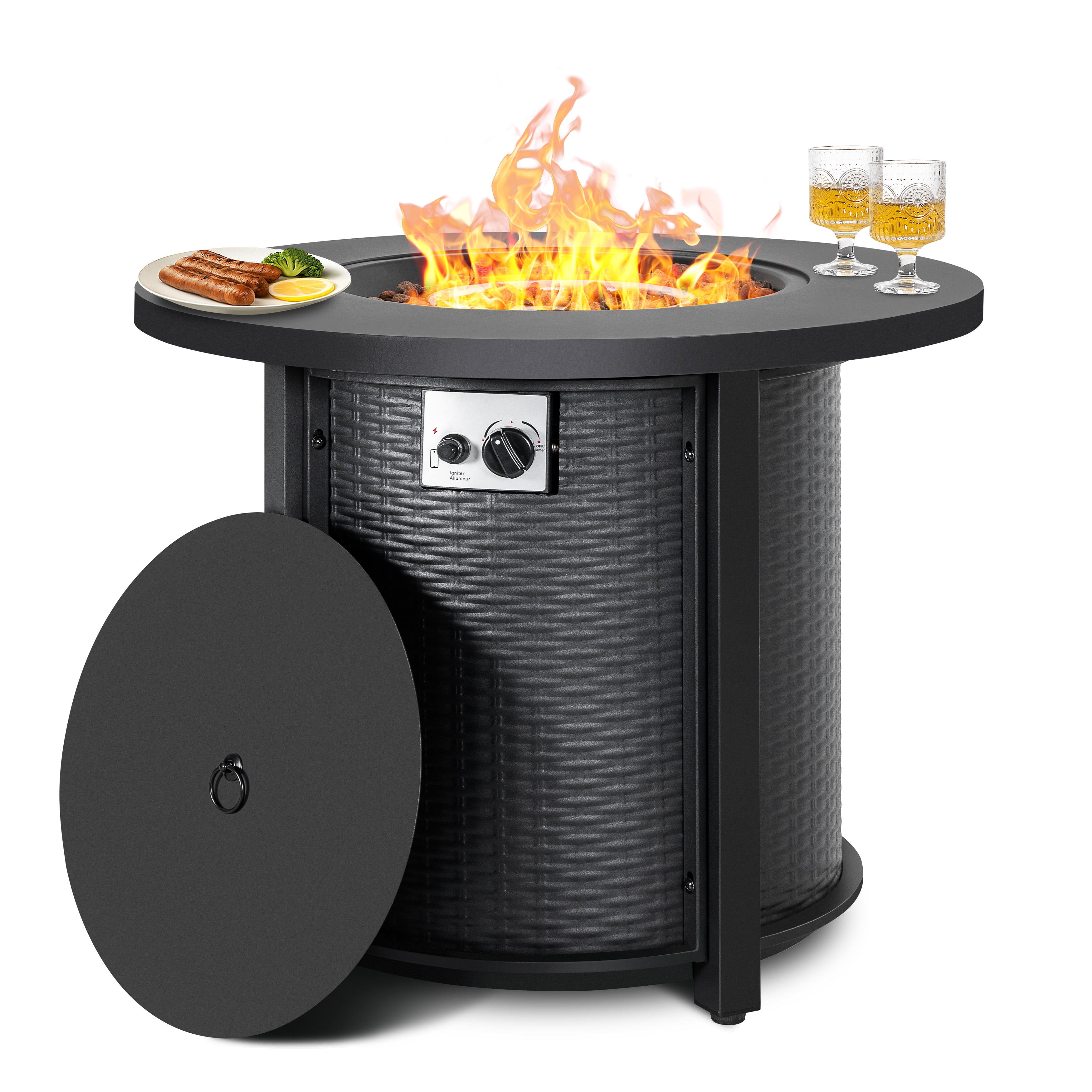 Nuu Garden Outdoor  Metal 30'' Round Propane Fire Pit Table with Rattan Embossed Pattern, CSA-Certified 2 in 1 Patio Round Gas Fire Pit, Black