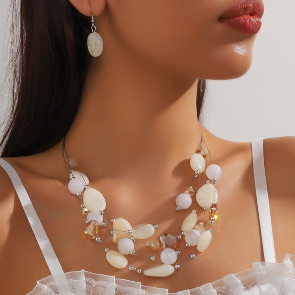 XmhyTop-A 1 Set Layered Chunky Beaded Necklace Earring Set Multi Layer Beaded Necklace and Earring Set,Style A,White
