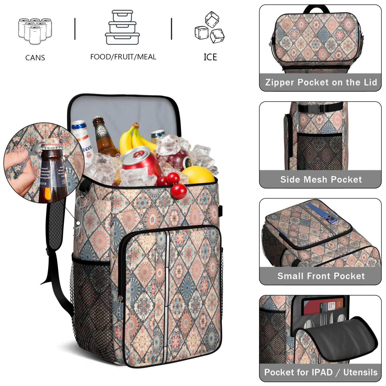 Travel Cooler Bag - Boho Bohemia Flower Camping Beer Cooler Backpack with Bottle Opener- Waterproof Insulated Picnic Backpacks - Cooler Bag for Beach