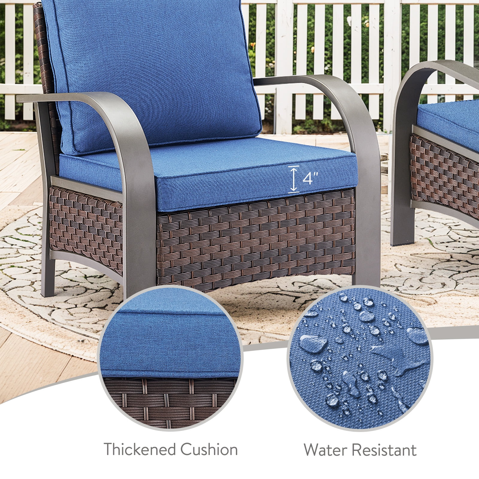 OPOHORO 4-Piece Patio Conversation Set with 2 Patio Lounge Chairs and 2 Ottomans, PE Wicker Outdoor Furniture with Blue Cushions for Porch or Backyard
