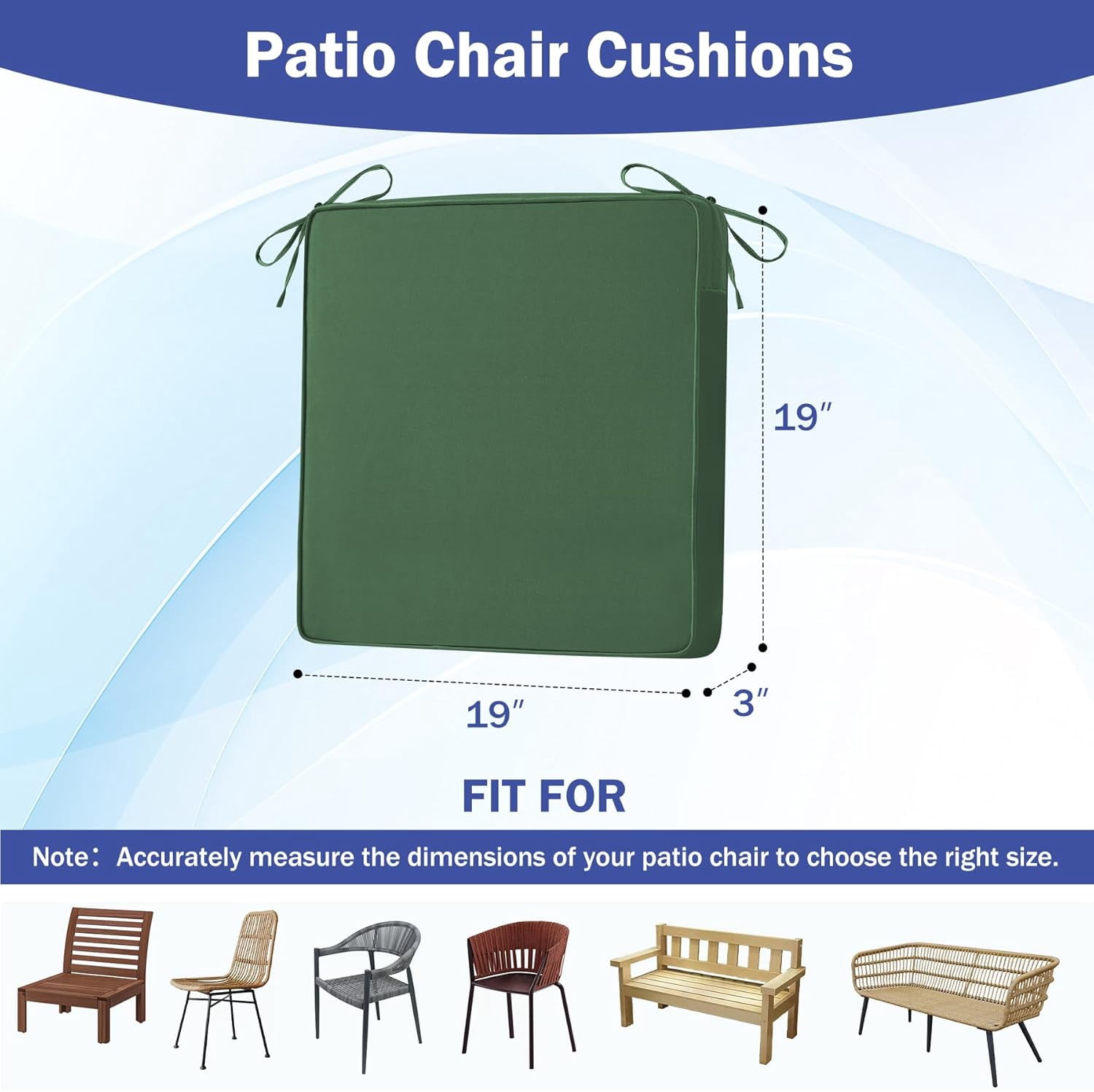 Outdoor Patio Chair Cushions Set of 4, 19" x 19" x 3", Waterproof, with Handles and Ties, Forest Green