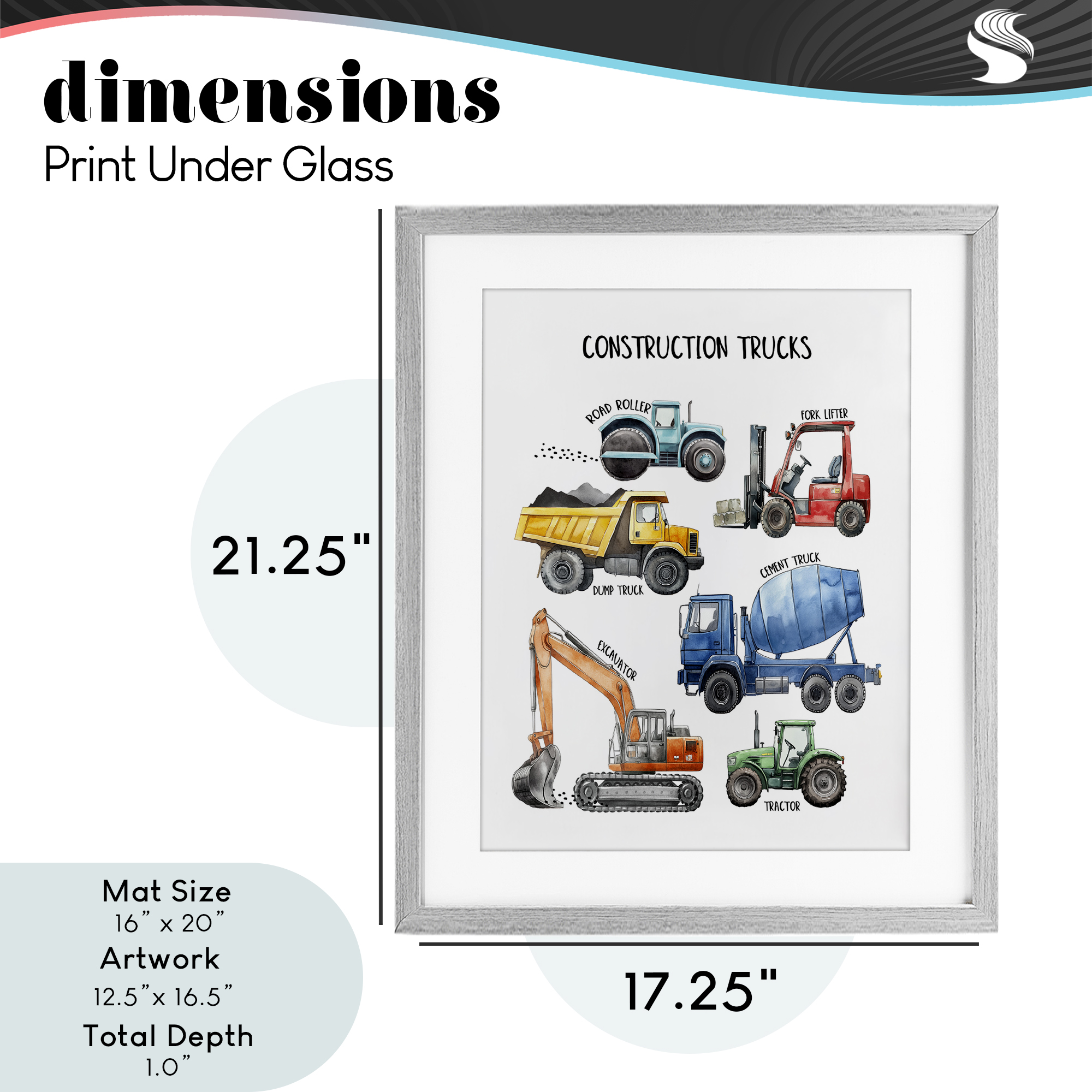 Construction Trucks Machinery Gray Framed Print Under Glass, design by Christine Simpson Art