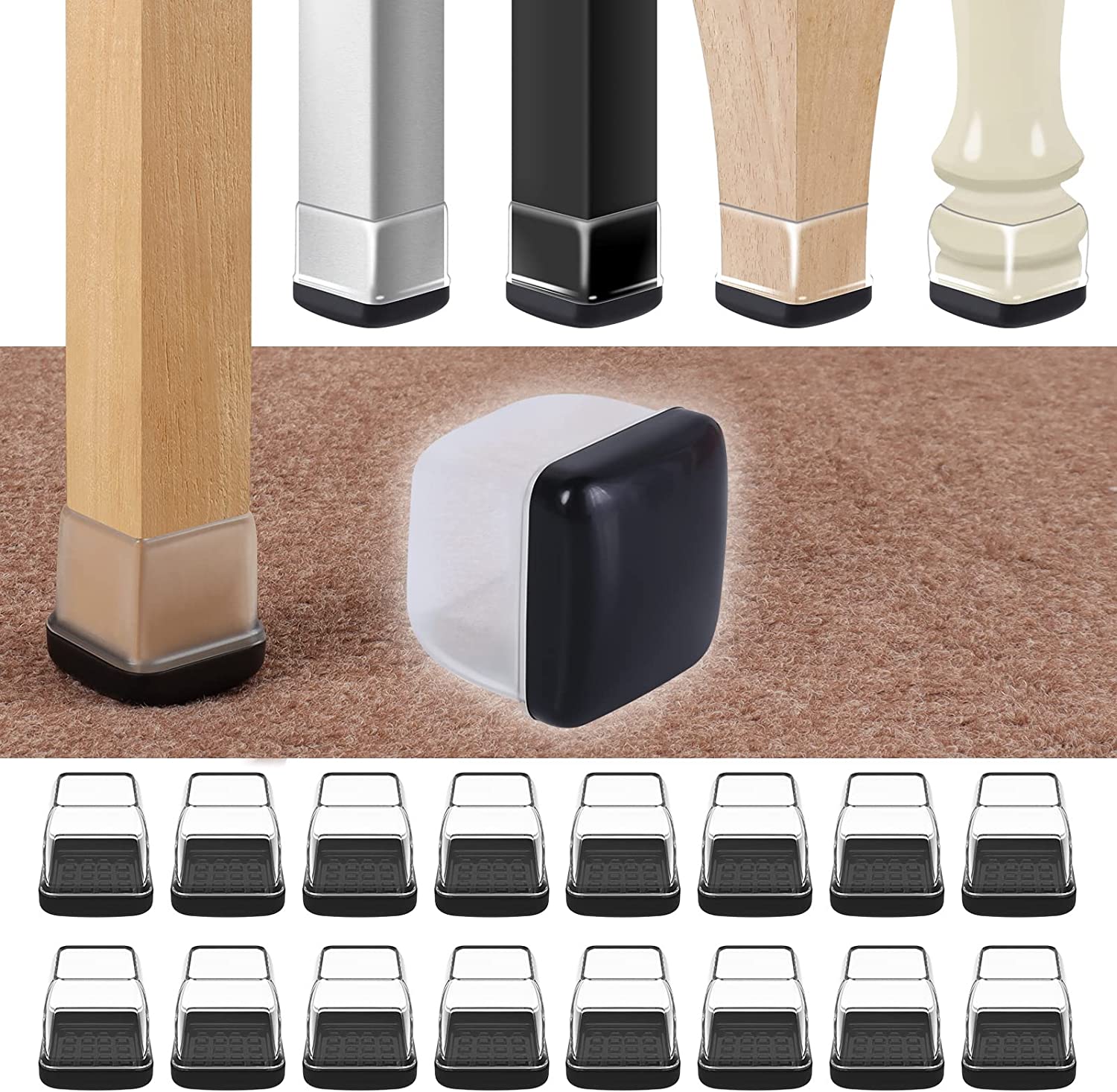 16 PCS Chair Leg Sliders for Carpet, Chair Leg Rug Protectors Cap