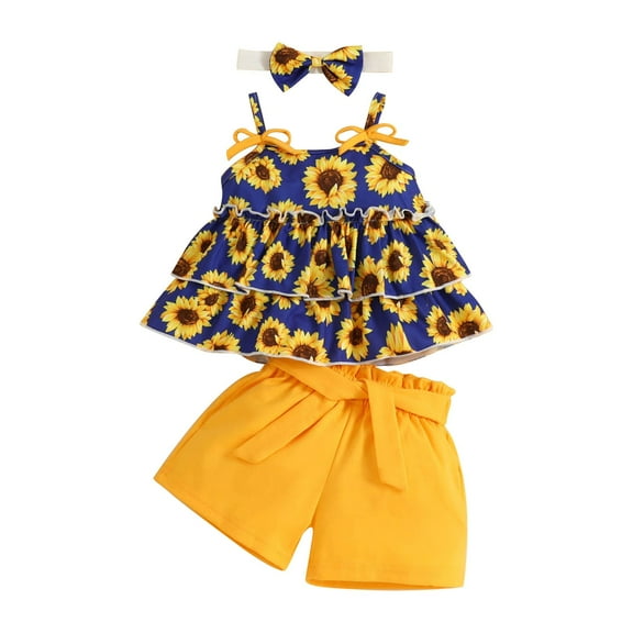 XXWXYD Toddler Sunflower Print 4PC Outfit Set, Sleeveless Vest Shorts Headband - Summer Beach Wear Outfit
