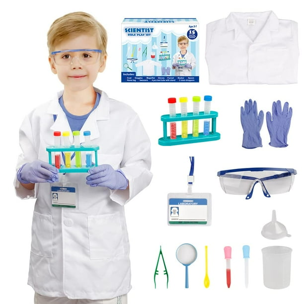 Lesheng Disfraz de científico espacial para niños, bata de laboratorio con kit de experimentos científicos, disfraces y juegos de simulación para niños y niñas de 4 a 8 años