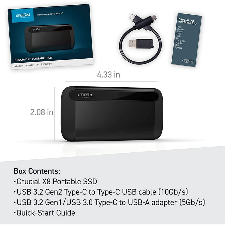 Crucial X8 1TB SSD - 1050 MB/s, USB 3.2, USB-C, USB-A