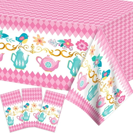 

3Pcs Tea Party Tablecloth Pink Teapot Floral Dispo