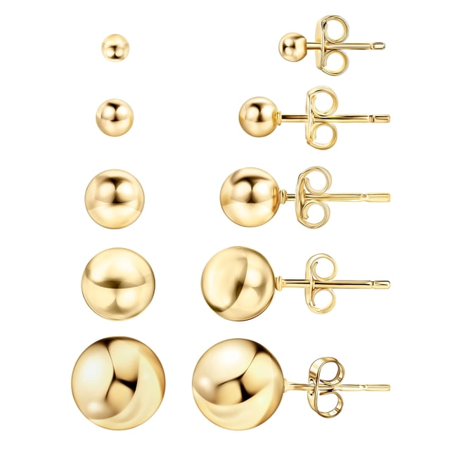 Aretes Barzel chapados en oro de 18K con bolitas, 3-10 mm, paquete de 5