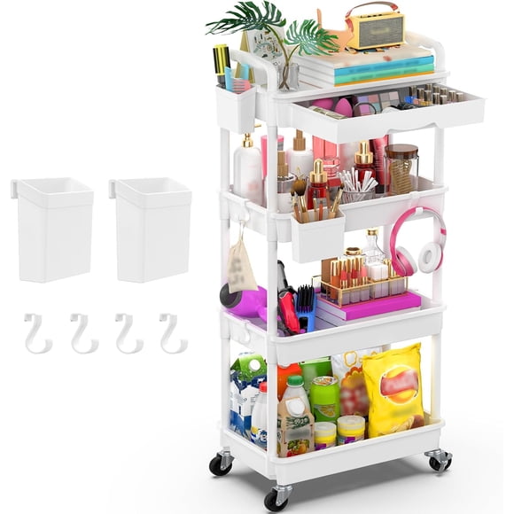 4 Tier Rolling Utility Cart Organizer with Removable Drawer, Stable and Sturdy White Rolling Storage Carts with 2 Lockable Wheels for Bathroom, Kitchen, Snack, Craft, Makeup, Baby Essentials
