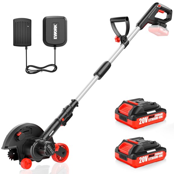 EWORK 20V Cordless Lawn Edger, Battery Powered Edger with 2 Batteries, 9-Inch Metal Blade, 3 Depth Settings, Dual Wheels, Adjustable Handle, Red