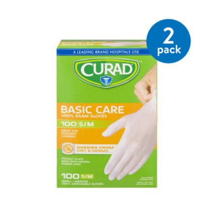 (2 Pack) Curad Basic Care Vinyl Exam Gloves, Small/Medium, 100