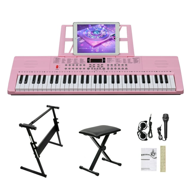 Ktaxon 61 Keys Keyboard Piano with Stand, Bench, Built In Speakers for Beginners, Pink