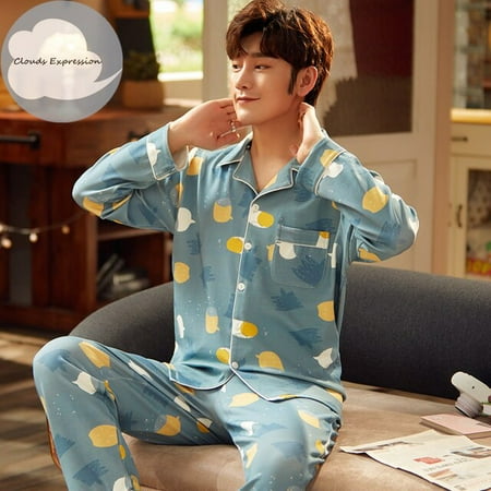 

QWZNDZGR Spring Autumn Knitted Cotton Cartoon Men s Pyjamas Striped Pajamas Set Casual Male Sleepwear Pyjama Night Pijamas 3XL Homewear
