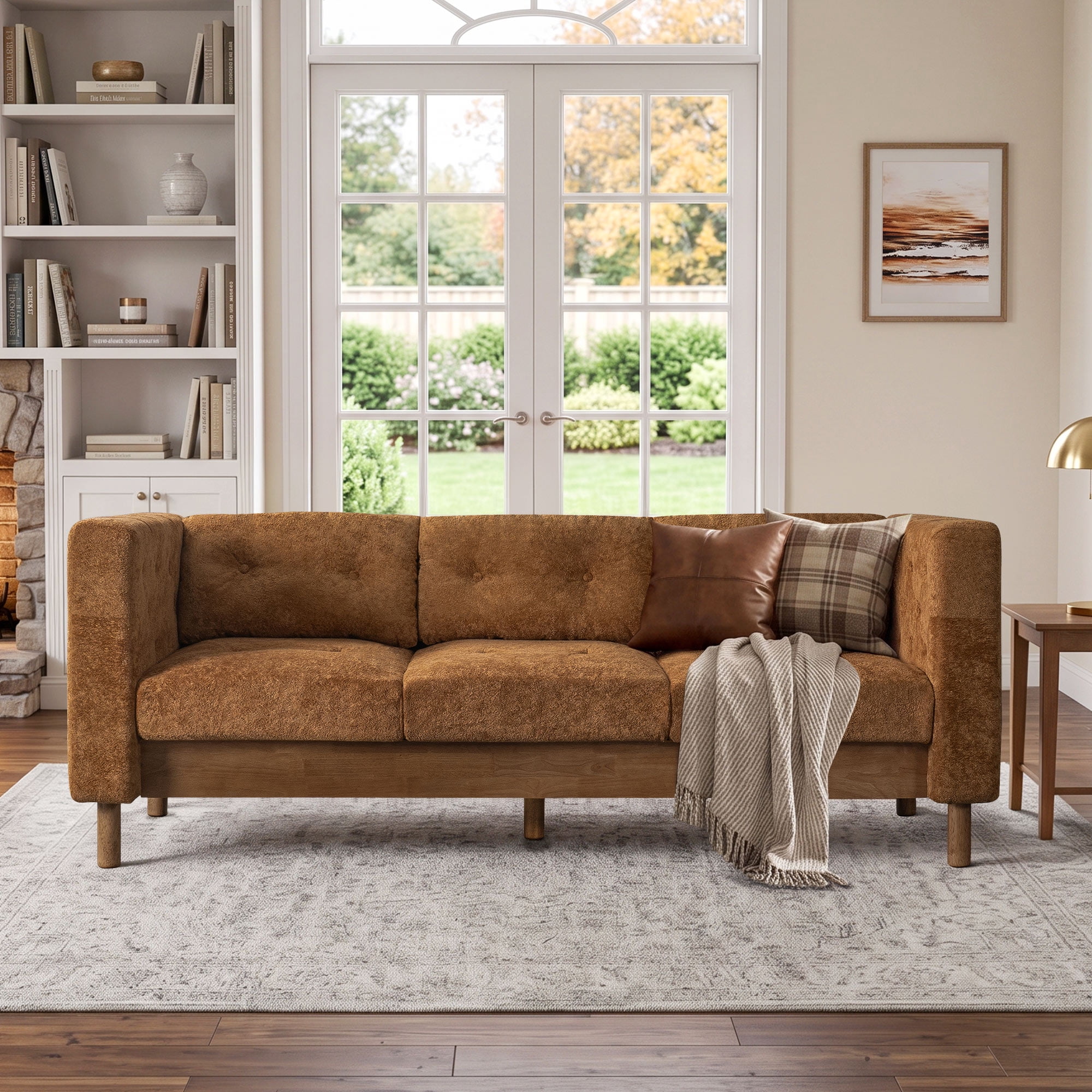 Lunale 78" Chenille 3-Seater Sofa, Modern Mid‑Century Upholstered Couch for Living Room, Apt., Tufted Design & Wood Legs, Brown