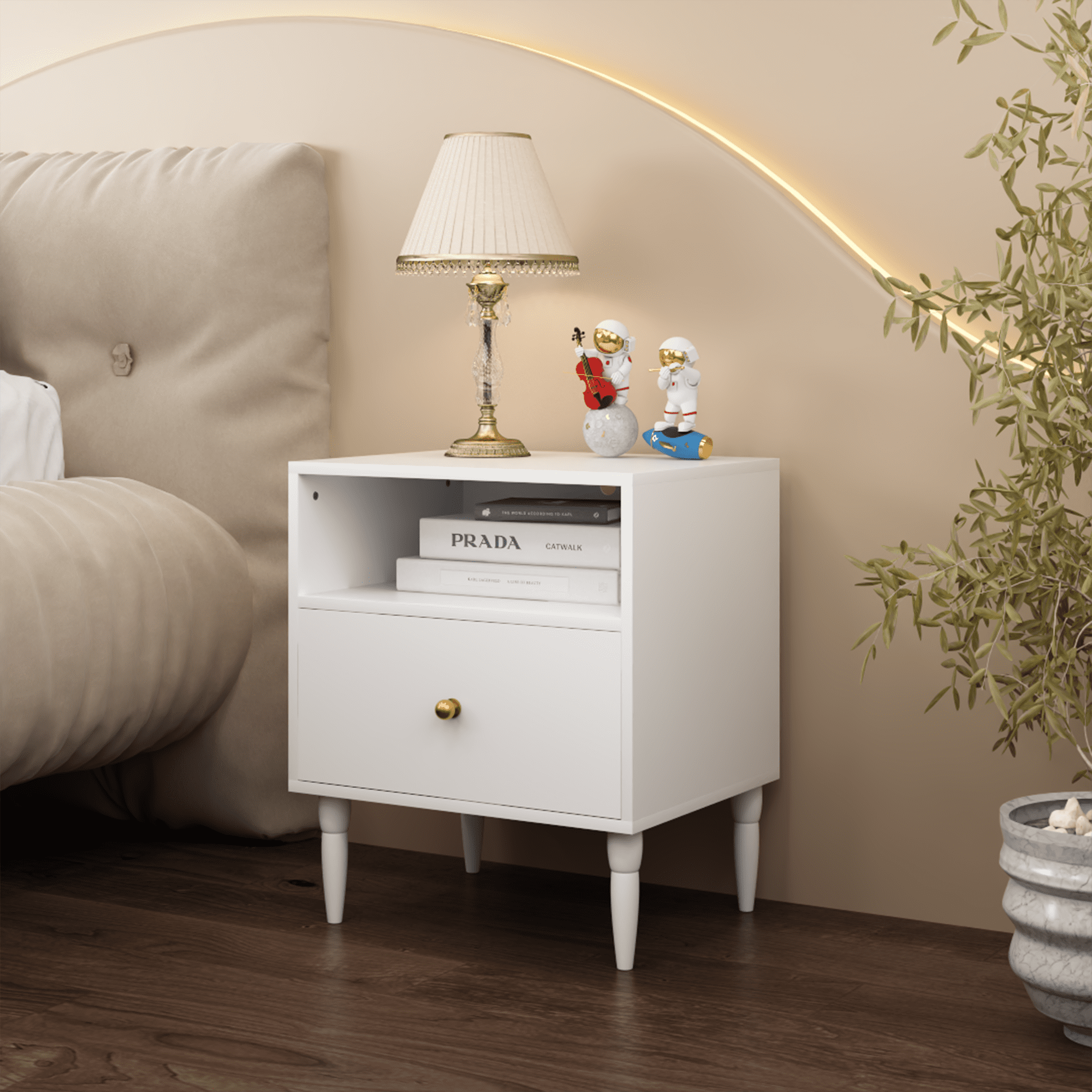 Modern White Nightstand with Drawer and Open Shelf, Bedside Table with Gold Knob, Solid Wood Legs, Small End Table for Bedroom, Living Room
