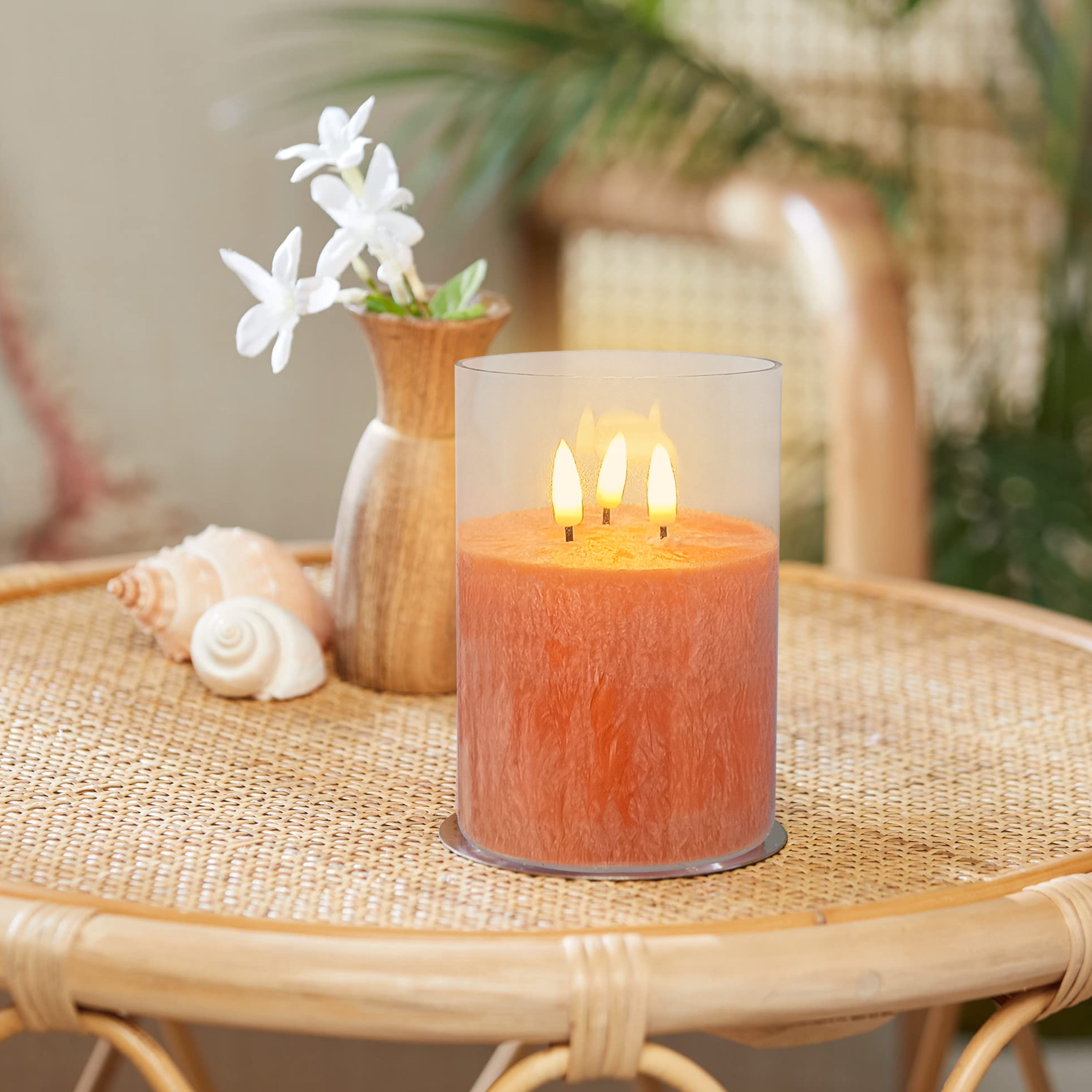FCMSHAMD 5Inch Flameless Candle with 3 Wicks, Glass LED Pillar Candle, Real Wax Battery Operated Candle with Remote Control and Timer, Orange