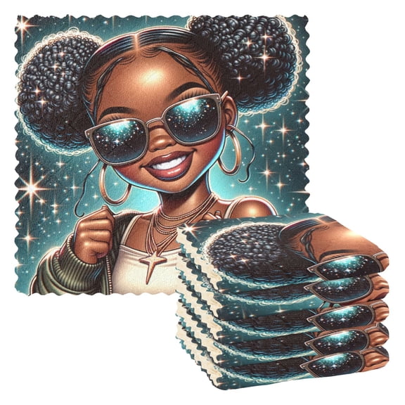 Kitchen Dish Towels Soft Absorbent Dish Cloths 11"x11" Beautiful Black Woman Wearing Sunglasses 6 Packs