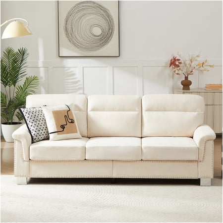 JERFIT 82" Modern Snow Velvet Sofa Couch 3 Seater for Living Room, Sturdy Wood Frame, High Density Foam, Nailhead Trim, Beige