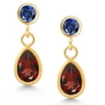 thumbnail image 2 of Gem Stone King 14K Yellow Gold Red Garnet and Blue Created Sapphire Dangle Earrings for Women (1.26 Cttw, Gemstone January Birthstone, Pear Shape 6X4MM, Round 3MM), 2 of 4