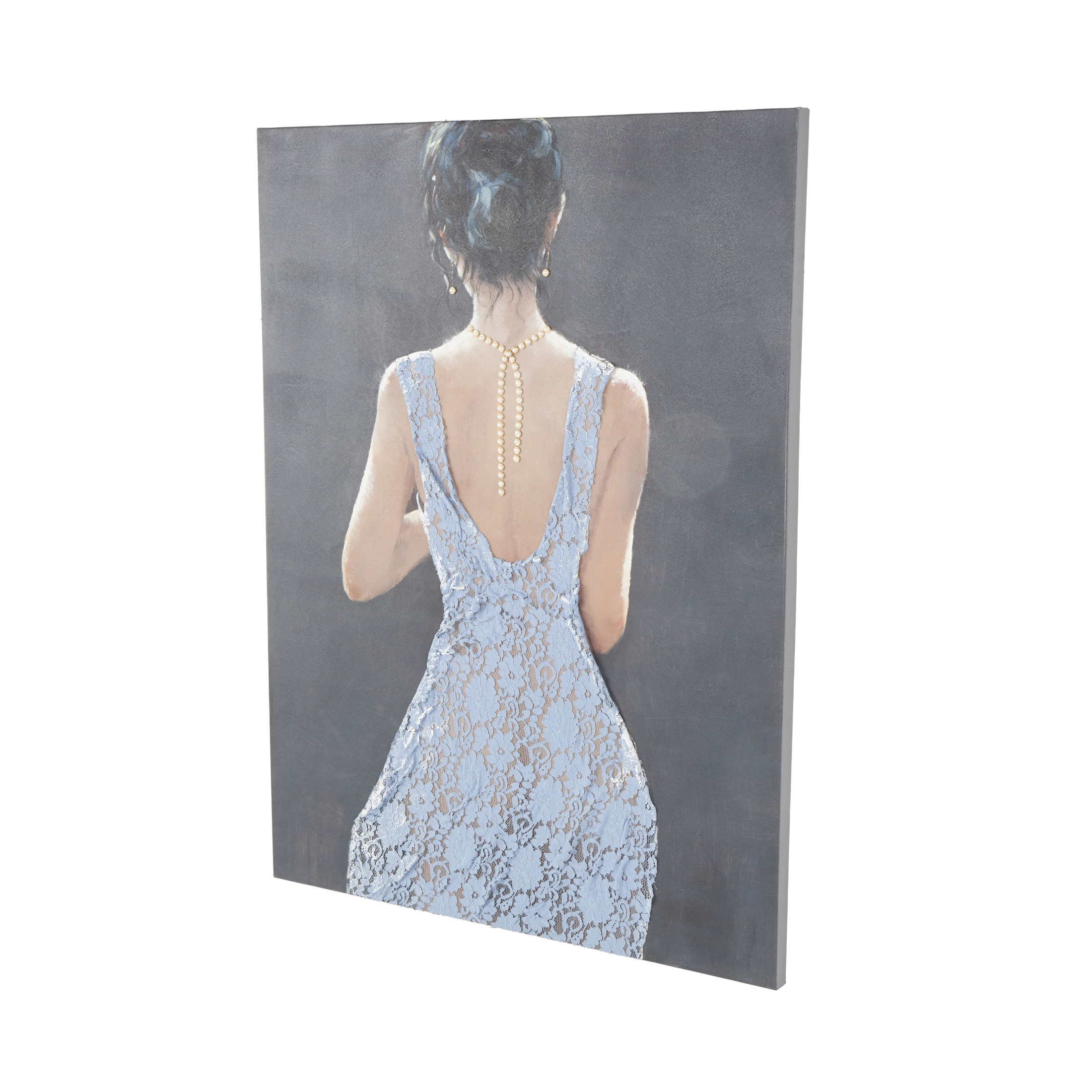 36" x 48" Woman Framed Wall Art with 3D Blue Fabric Dress and Gold Jewels, by DecMode