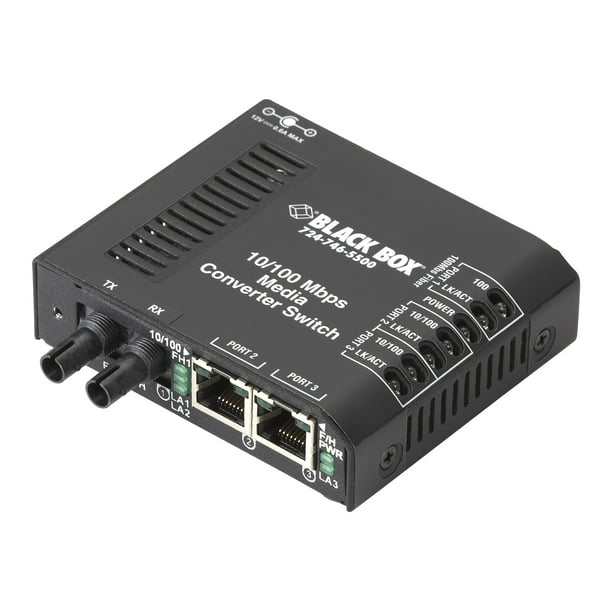 Black Box Média Media ST multi-mode Multimode, ST Fiber Converter Switch 10/100-Mbps Copper to 100-Mbps 115-VAC, - Convertisseur Fibre Optique - 100Mb LAN - 10Base-T, 100Base-FX, 100Base-TX - RJ-45 / - jusqu'à 1,2 miles