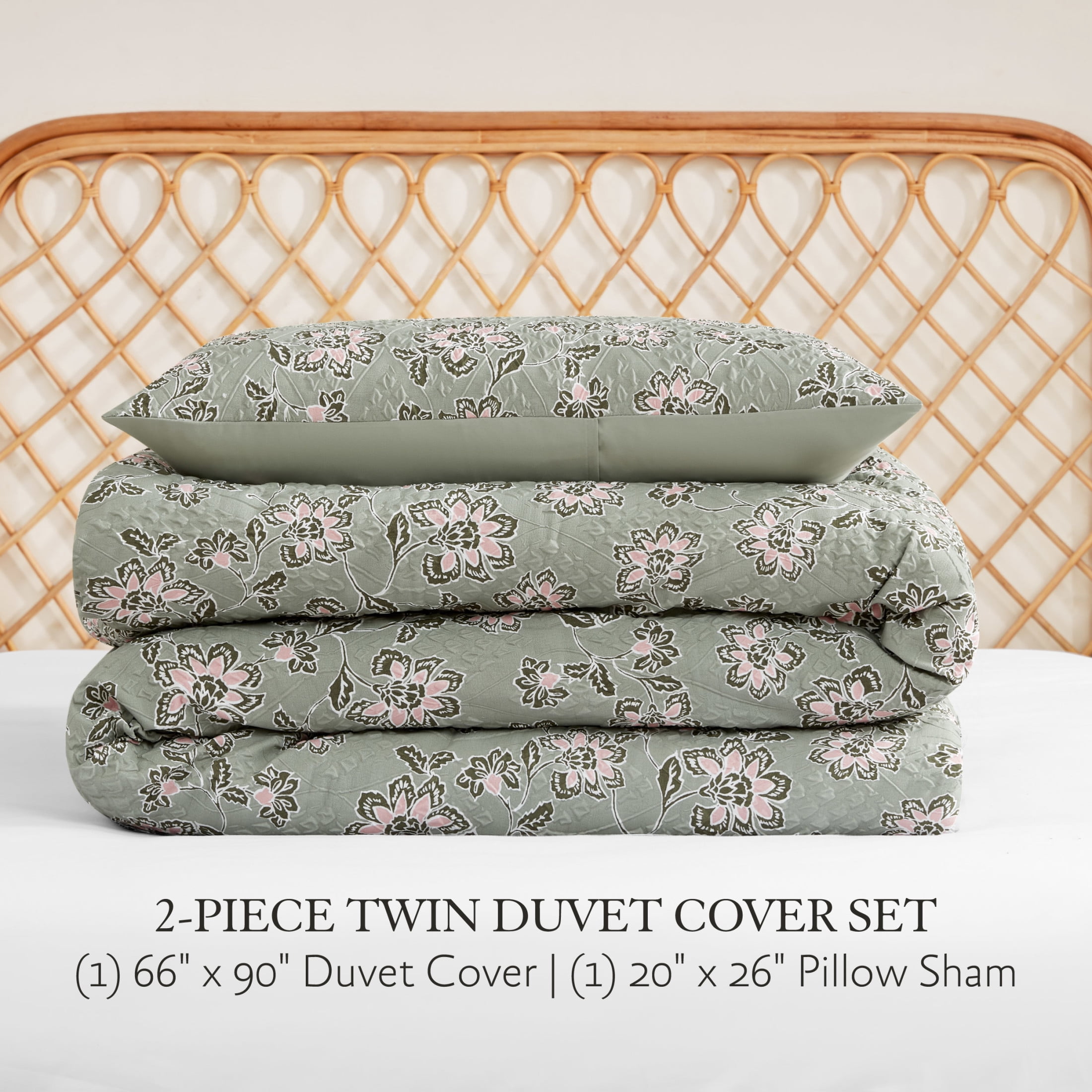 Jessica Simpson Botanical Embossed Sage Green Duvet Cover Set Twin/Twin XL Size - 2 Piece Set