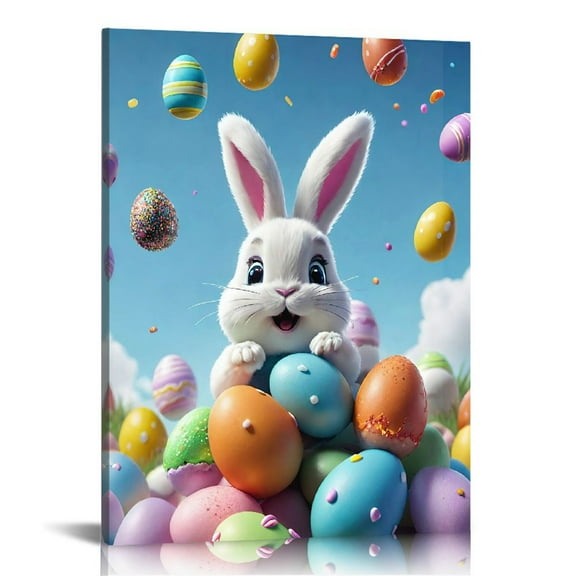 Vintage Easter Bunny Egg Print Wall Art, Lovely Rabbit Picture Posters Wrapped Canvas Wall Decor Artwork Painting for Bedroom, Living Room,Bathroom, Office Classic Home Decor Easter Gifts