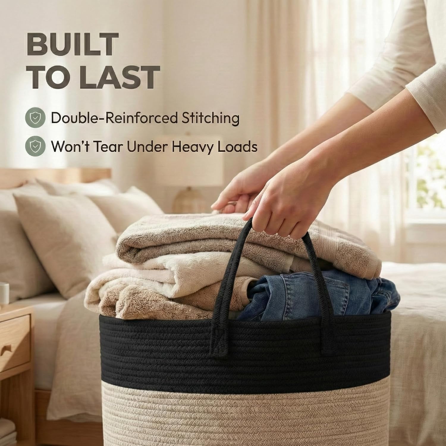 65L Extra Large Oatmeal Woven Cotton Rope Blanket Basket & Laundry Hamper with Reinforced Handles, Machine Washable Storage Bin for Pillows, Comforters & Toys, Perfect for Living Room