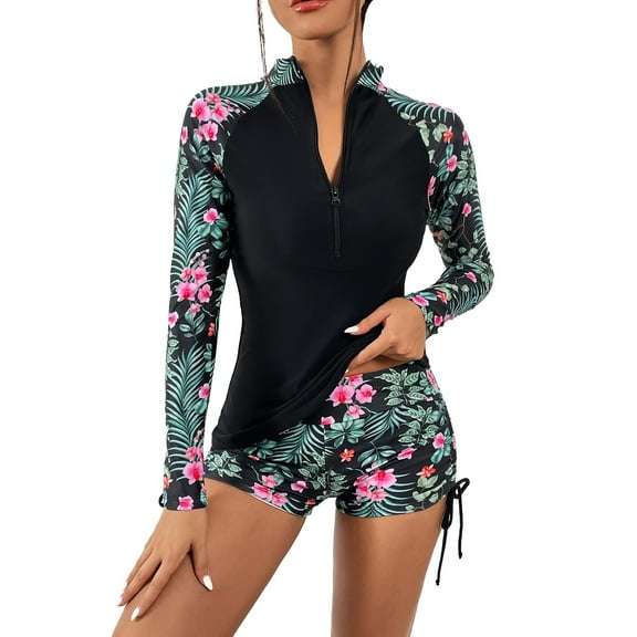 GEWSEY Womens Long Sleeve Rashguard UPF 50  Two Piece Swimsuit with Bottom Bulid in Bra Sun Protection Zipper Bathing Suits (Black1, XL)