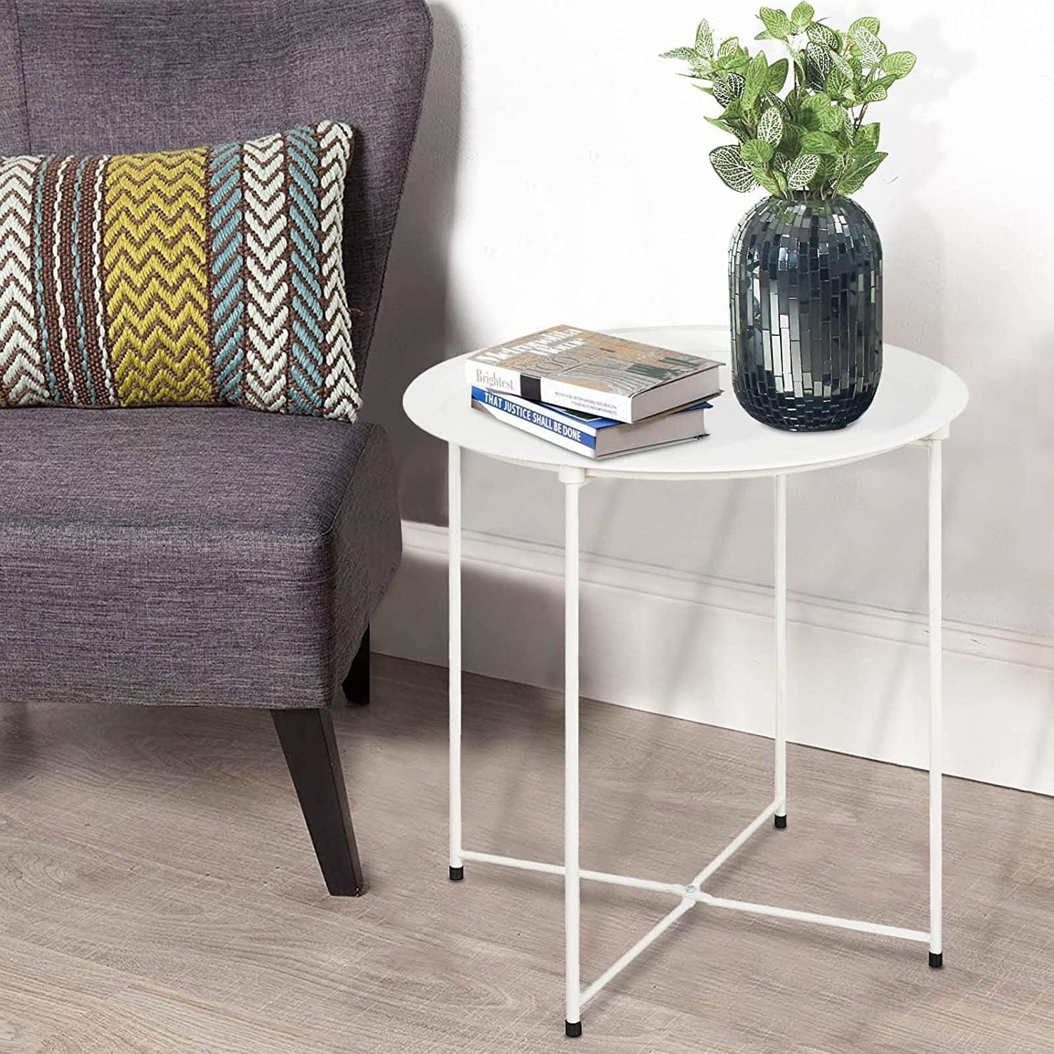 aboxoo Folding Tray Metal Side Table 2PC White Round End Table Cyan Sofa Small Accent Fold-able Table, Round End Table Tray, Next to Sofa Table, Snack Table for Living Room and Bed Room