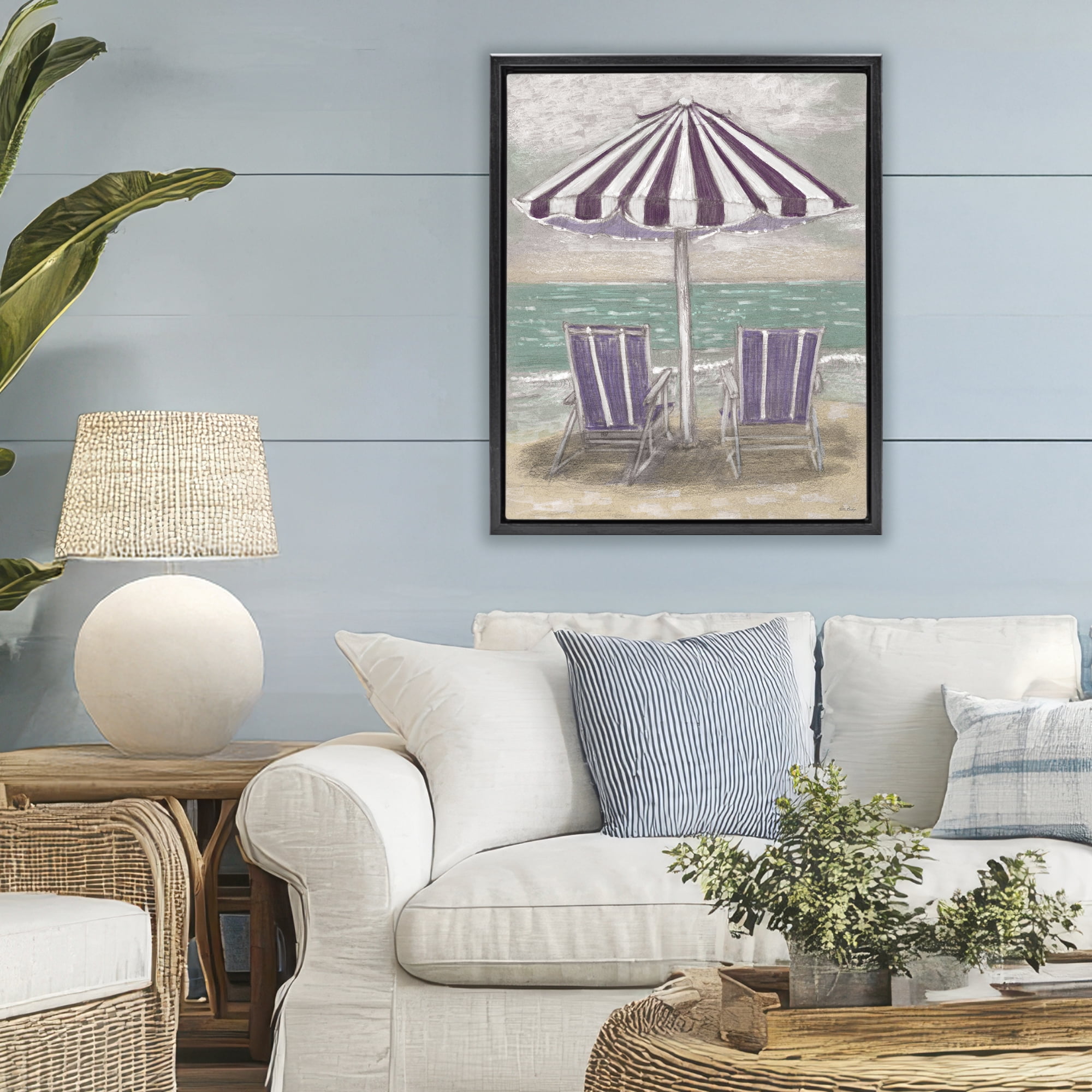 Stupell Industries Umbrella & Chairs on Beach Black Framed Floater Canvas Wall Art, design by Patti Bishop