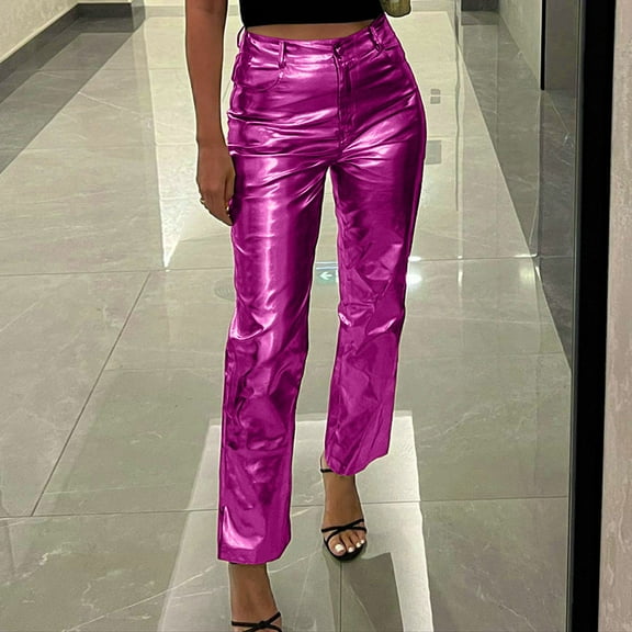 Hauaitttt Women's Imitation Leather Pants PU Straight Leg Pants with Buttons with Pockets Womens Pants Casual Work plus Size up Pants for Women Work Casual plus Size Womens Pants Casual Work Petite