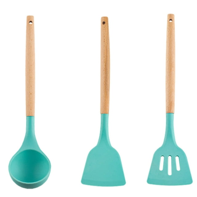 GOOHOCHY 1 juego de utensilios de cocina de silicona, cuchara, cucharón y espátula (verde)