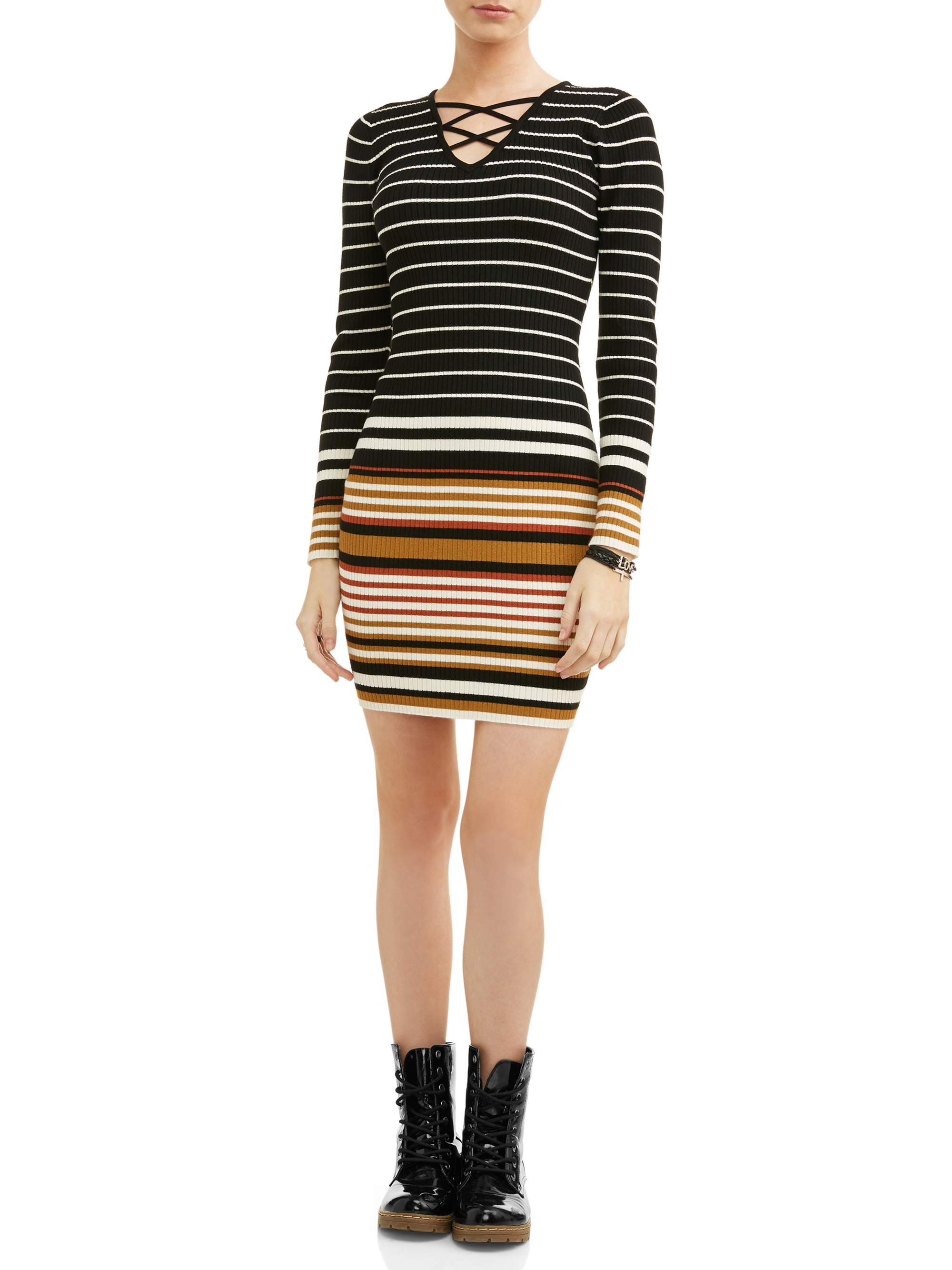 No Boundaries Juniors' lace up stripe sweater dress - Walmart.com