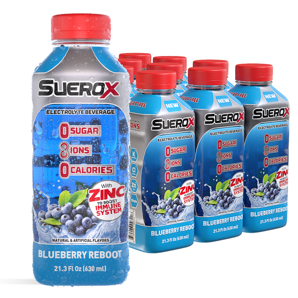 SueroX Zero Sugar Electrolyte Drink, Blueberry Reboot, 21 oz, 12 ct