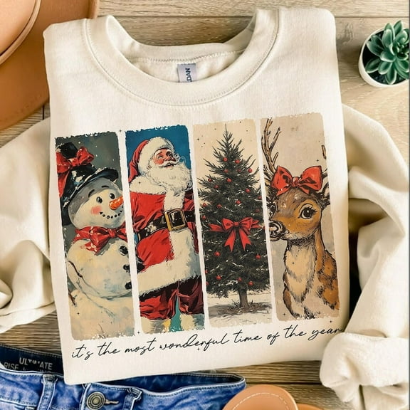 It's the most wonderful time of the year Sweatshirt, Santa Claus Sweatshirt, Vintage Christmas Sweatshirt, Christmas Coquette bow Sweatshirt, Reindeer snowman Sweatshirt