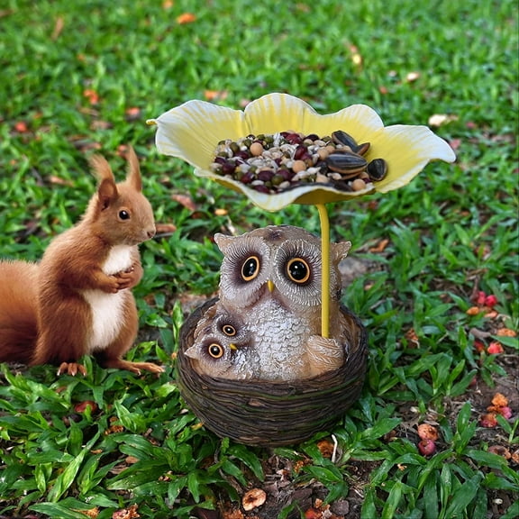 Alladinbox Owl Family Bird Feeder Outdoors, Whimsical Garden Decor, Bird Baths Fit for Outside Wild Birds, Woodland Squirrels, and Other Animals, Garden Statue, Sculpture, Gift Ideas for Bird Lovers,
