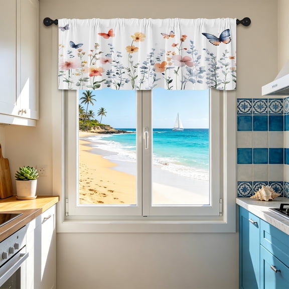 Floral Butterfly Rod Pocket Kitchen Curtains,Watercolor Wildflower Tier and Valance Curtains,Light Filtering Short Window Treatments for Bathroom,Bedroom,Living Room and Cafe
