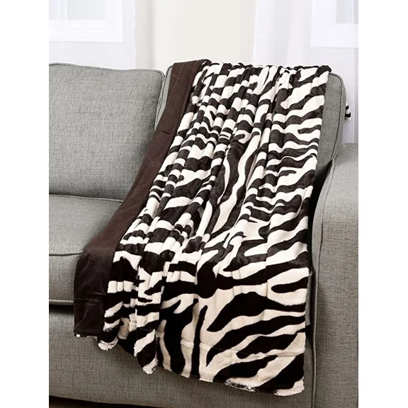 Zebra Print Plush Faux Fur Micromink Brown & White Super Soft Fleece Throw Rever