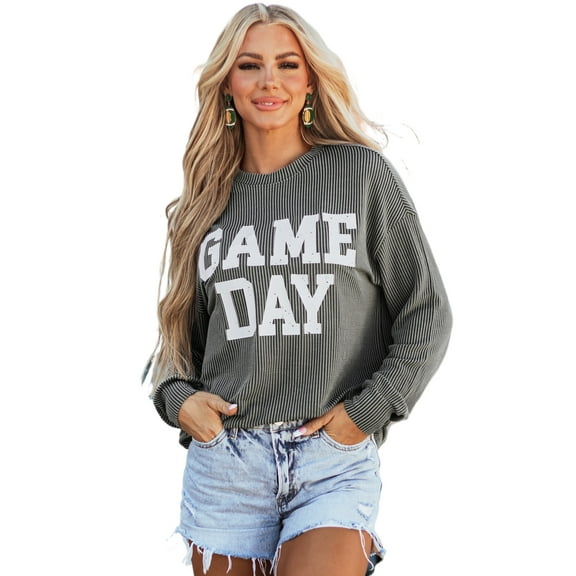Women's Dark Grey Corded Game Day Graphic Long Sleeve Crewneck Top | [ZhiHiMeRi] | (US 12-14)L