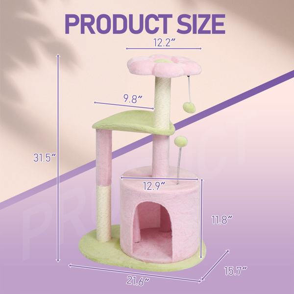 33in Multi-Level Cat Tree, Plush Enclosed Condo, Curved Perch, Top Bed, Sisal Scratching Posts, Interactive Toys for Kittens & Small Cats