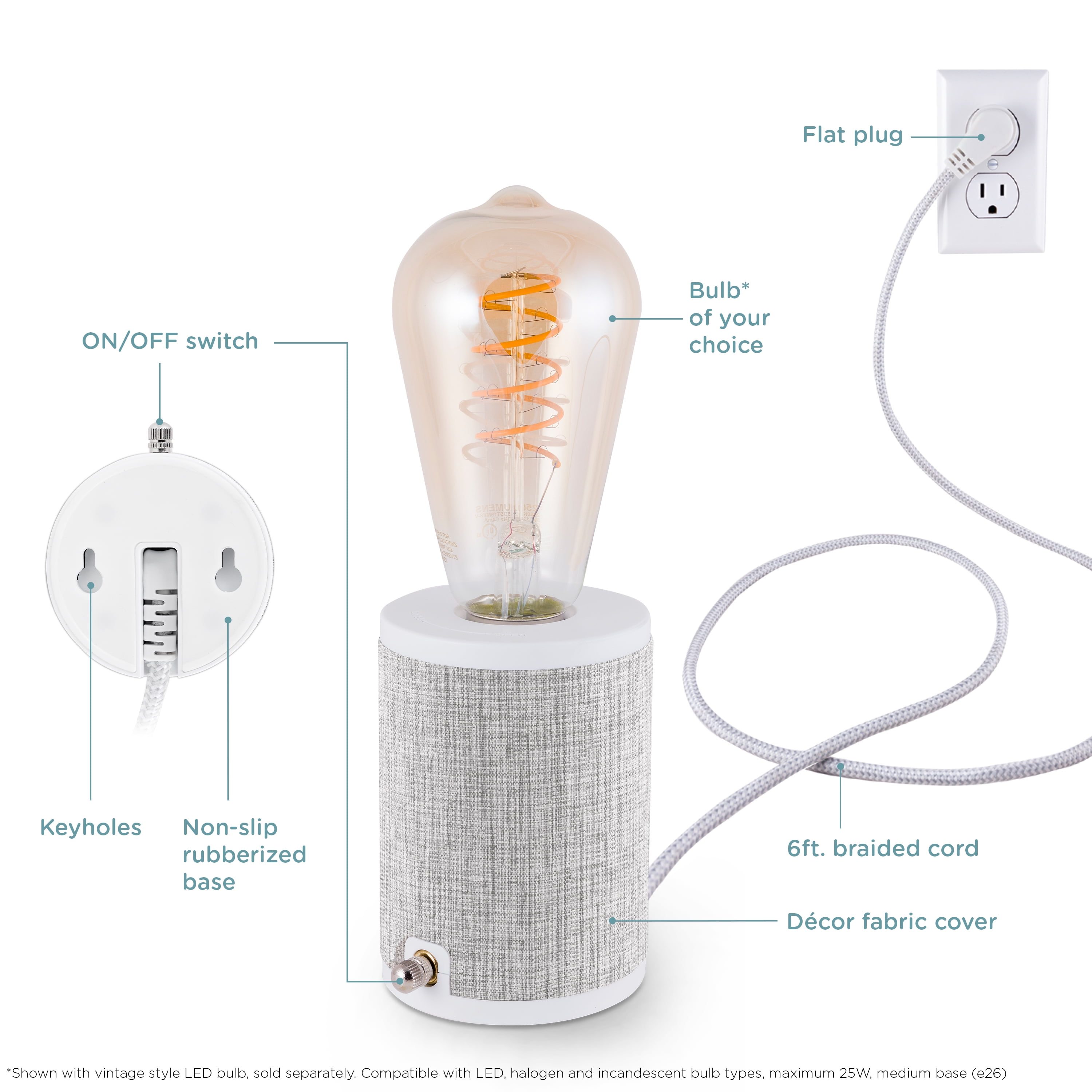 Enbrighten Anywhere Lamp, Gray, Fabric  – 46177