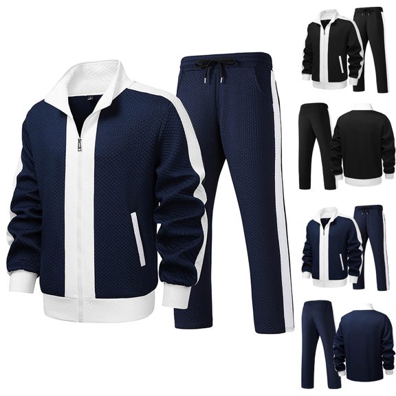 RYDCOT Men's Color Block Sweatsuit Tracksuit 2 Piece Set Full Zip Casual Jogging Suits with Jogger Jackets and Pants Warm up Outfits Jacquard Dark Blue