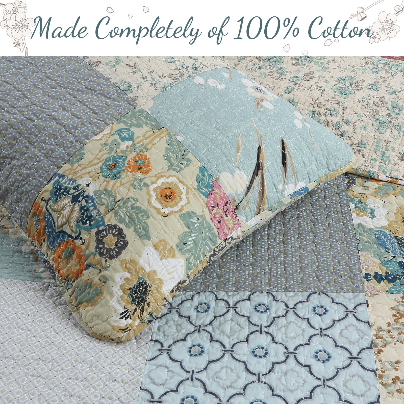 Sky Blue Floral Patens Ogee Patchwork Cotton King 3 Piece Quilt Bedding Set