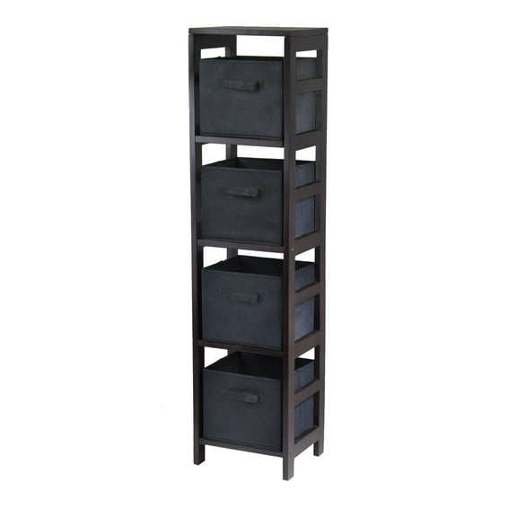 Storage Shelf with Baskets, 4-Section Fabric Cube Organizer, 5-PC Walnut Bookshelf with Foldable Black Bins, Home Living Room Bedroom Organization