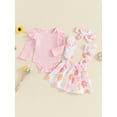 thumbnail image 5 of Aojekbee Baby Girls Fall Outfits Long Sleeve Ribbed Romper + Bow Suspender Skirt + Headband Set Newborn Clothes, 5 of 10