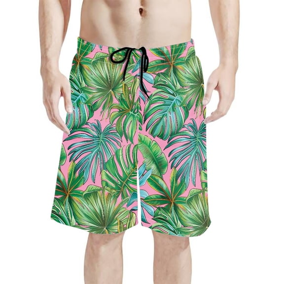 Binienty Men's Board Shorts Swim Trunks With Tropical Palm Leaf Print - Quick Dry for Beach Surfing and Summer Vacation