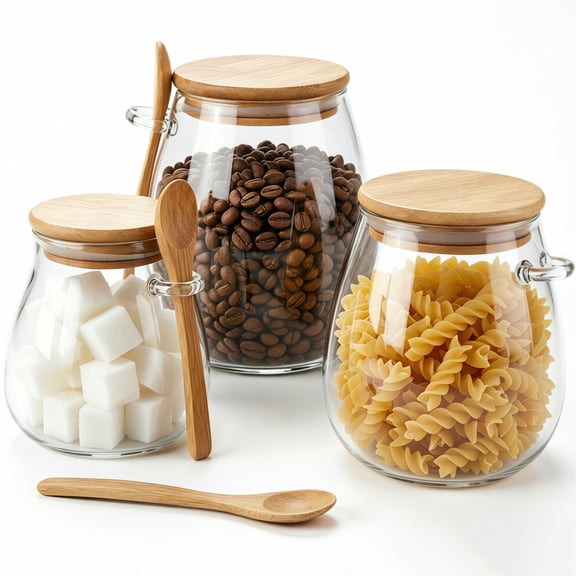 3 Pack Airtight Glass Storage Jars with Lids & Spoons, 11oz 20oz 33oz Glass Canisters,Food Containers for Kitchen Pantry Sugar Coffee Flour Tea